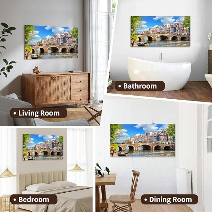 Canvas Wall Art for Living Room Bedroom Amsterdam downtown Amstel river old houses and a bridge Nice view the Big Large Wall Art Decor Framed Painting Wall Pictures Prints Artwork Office