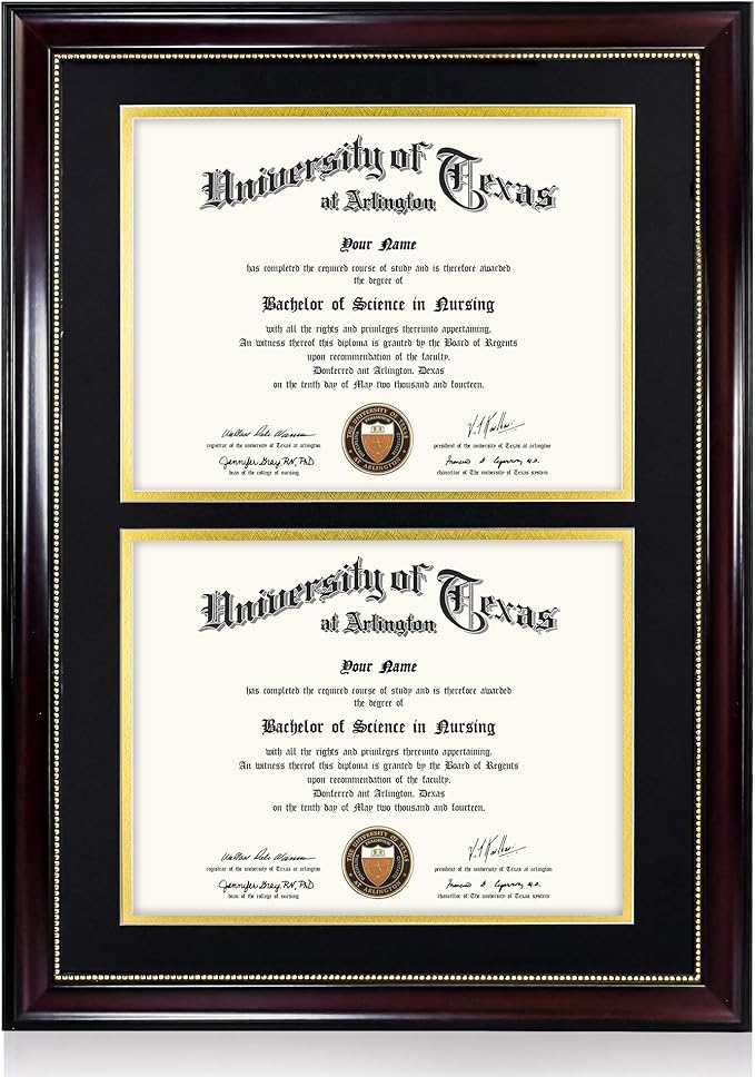 GraduationMall 14x20 Double Diploma Frame, Display 8.5x11 Certificate with Black over Gold Mat,Tempered Glass,Mahogany with Gold Beads