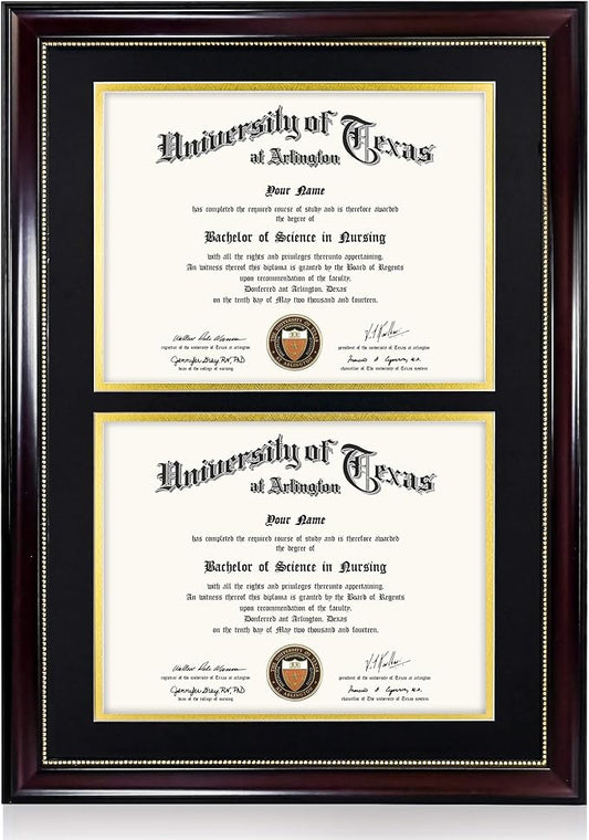 GraduationMall 14x20 Double Diploma Frame, Display 8.5x11 Certificate with Black over Gold Mat,Tempered Glass,Mahogany with Gold Beads