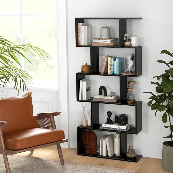 Tangkula 5-Tier Geometric Bookshelf, S Shaped Bookcase w/Anti-Toppling Device, Freestanding Room Divider, Industrial Home Office Decor Wood Open Storage Display Shelf for Living Room (1, Black)