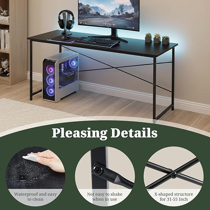 Computer Desk 55 Inch, Simple Home Office Desk Study Writing Table, Sturdy Metal Frame, Scratch-Resistant MDF Desktop for Bedroom Dorm Workspace, Black