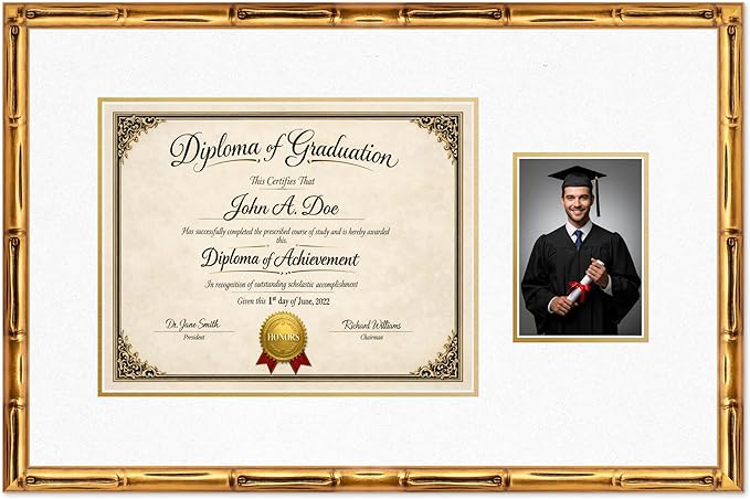 Diploma Frame With Photo Opening Gold Bamboo Oyster Shell Over Gold Mat - Fits 14 x 11 Degree and Picture Made in the USA