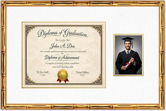 Diploma Frame With Photo Opening Gold Bamboo Oyster Shell Over Gold Mat - Fits 14 x 11 Degree and Picture Made in the USA