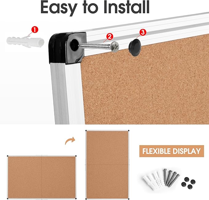 Board2by Extra Large Cork Bulletin Board 60" X 36", Foldable Notice Pin Board for Wall, Silver Aluminum Framed 5'x3' Corkboard, Wall Mounted Noticeboard with 36 Push Pins for School, Home & Office