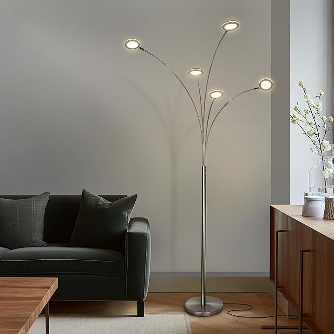 Brightech Orion Arc Floor Lamp for Living Room, Tree Floor Lamp with 5 Adjustable Arms, Multi-Head Standing Lamp with Flexible Rotating LEDs for Bedroom, Dorm - Bright Hanging Lighting - Satin Nickel