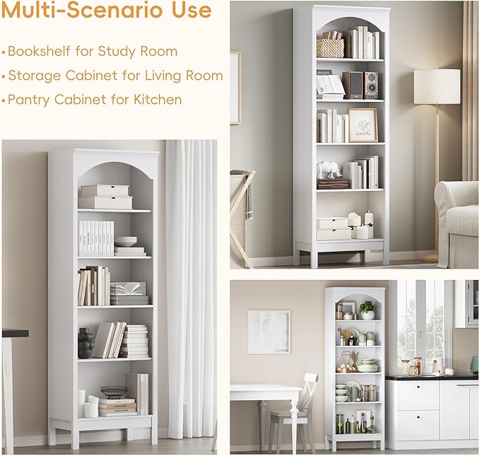 Arched Bookshelf with 5 Tier Open Shelves, 71" Tall Wood Bookcase with Adjustable Shelves, 24" Wide Floor Standing Display Storage Shelf for Home Office, Kitchen, Study and Living Room, Modern White