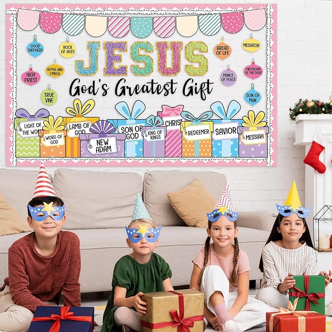Christmas Bulletin Board Decorations Set Jesus God's Greatest Gift Christmas Classroom Bulletin Board Decor Religious Christian Xmas Ball Gift Boxes Cutouts for Holiday Church Sunday School Door Wall