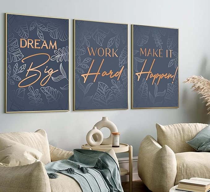 3Pcs Blue Gold Inspirational Office Wall Art Inspiring Motivational Positive Quote Botanical Posters Paintings Pictures Wall Decor Canvas Print Artwork for School Bedroom Living Room Home Decoration Unframed
