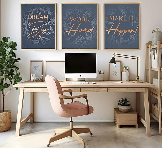 3Pcs Blue Gold Inspirational Office Wall Art Inspiring Motivational Positive Quote Botanical Posters Paintings Pictures Wall Decor Canvas Print Artwork for School Bedroom Living Room Home Decoration Unframed