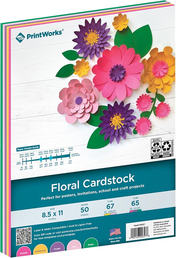 PrintWorks Floral Cardstock Paper 8.5" x 11" - 50 Sheets - 5 Assorted Colors for Flowers - Ideal for School & Craft Projects - 67 lb/147 gsm & 65 lb/176 gsm - Made in the USA (00657)