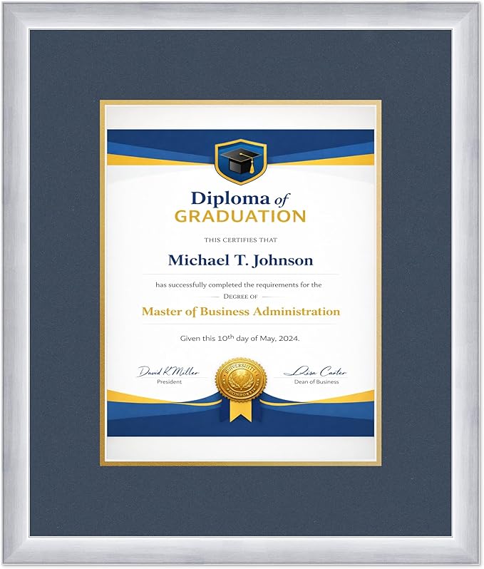 Diploma Frame Stainless Silver With Navy Blue Over Gold Double Mat - Fits 10 x 13 College Diploma (Portrait Traditional) Wall Display Made in the USA