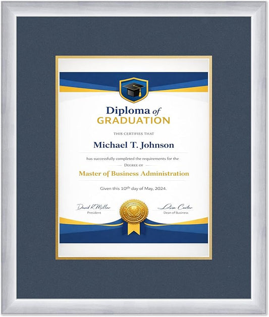 Diploma Frame Stainless Silver With Navy Blue Over Gold Double Mat - Fits 10 x 13 College Diploma (Portrait Traditional) Wall Display Made in the USA