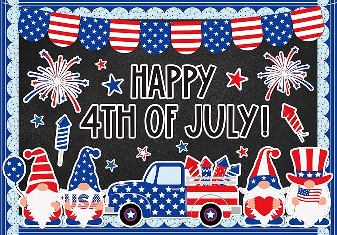 AnyDesign 4th of July Bulletin Board Decoration Red Blue Patriotic Gnome Truck Paper Cutouts with 150 Pcs Glue Points for Happy Independence Day Party Classroom Wall Decor, 72 Pcs