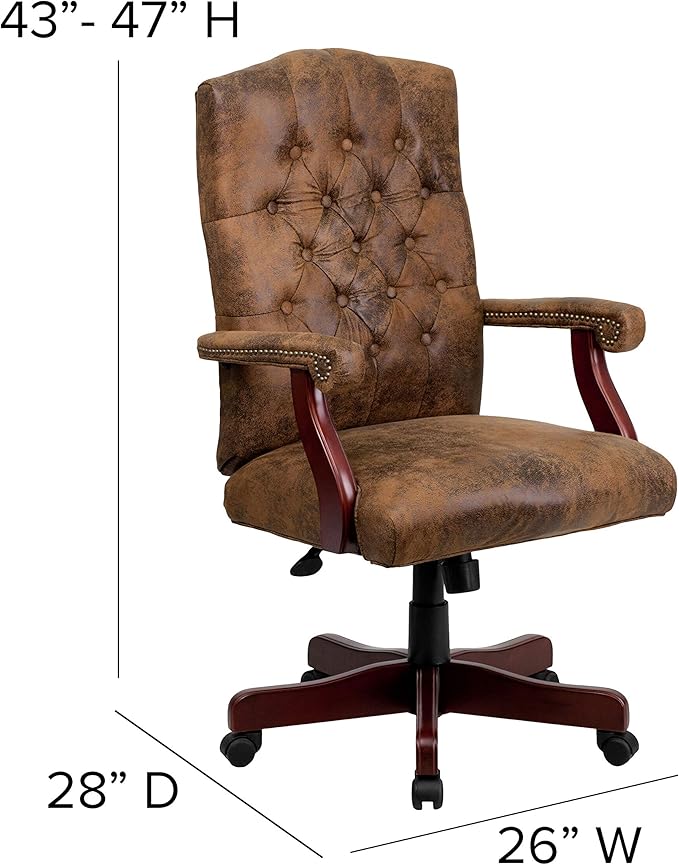 Flash Furniture Derrick Traditional Microfiber Tufted Swivel Office Chair with Wood Base, Ergonomic Farmhouse High-Back Desk Chair, Bomber Brown
