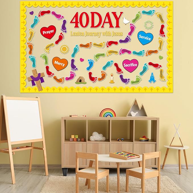 Christian Religious Bulletin Board Decorations Set Spring Sunday School Decoration 40 Day Journey with Jesus Paper Cutout Footprint Bible Verses Bulletin Board for Church Office Chalkboard Wall Decor