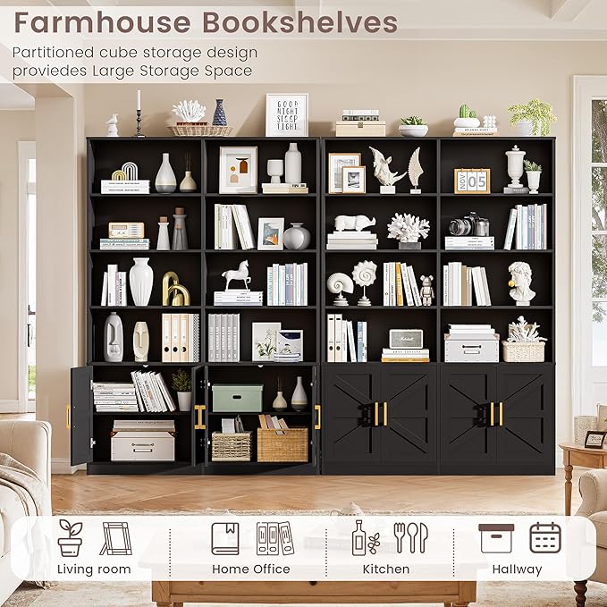 Black 6 Tier Double Bookshelf with Storage Set of 2, 71" Tall Farmhouse Bookcase with 8 Doors, Floor Standing Open Display Shelves, Wooden Book Shelf Organizer for Home Office Library