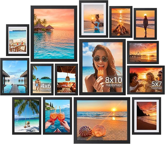 HappyHapi 15 Pack Picture Frames Collage Wall Decor, Black Gallery Wall Frame Set, Wall or Tabletop Display, Multi Sizes including 3pcs 8x10, 6pcs 5x7, 6pcs 4x6