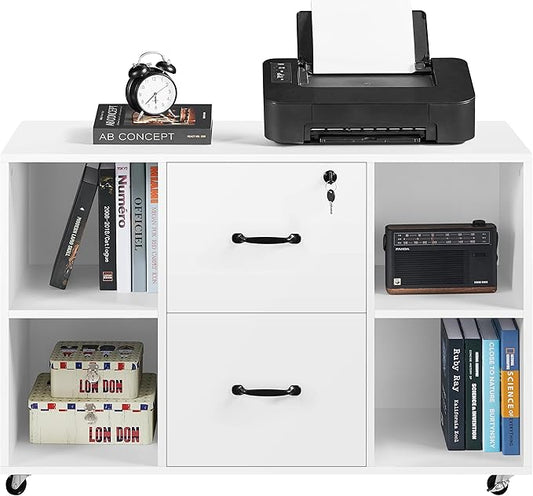 Topeakmart Mobile File Cabinet with 2 Drawers and 4 Open Storage Shelves Large Lateral Filing Cabinet Printer Stand for Home and Office，White