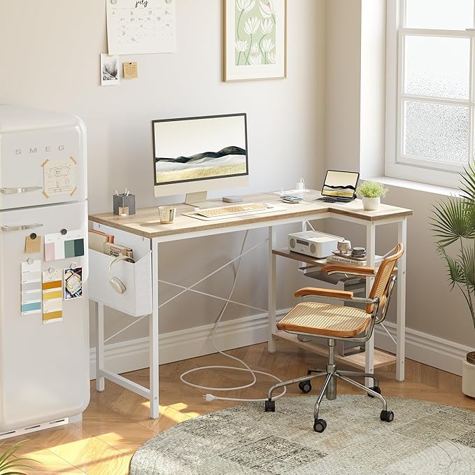 TIQLAB L Shaped Computer Desk with Power Outlets, 47 Inch Small Corner Desk with Reversible Shelves, Gaming Desk Computer Table Study Writing Table for Home Office Bedroom Small Space, Maple