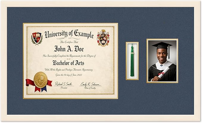 CountryArtHouse Diploma Tassel and Photo Shadowbox Fits 15 x 12 Military/Government with Tassel H Coastal Whitewash Genuine Hardwood with Navy Blue Over Metallic Gold Double mat