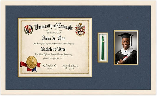 CountryArtHouse Diploma Tassel and Photo Shadowbox Fits 15 x 12 Military/Government with Tassel H Coastal Whitewash Genuine Hardwood with Navy Blue Over Metallic Gold Double mat
