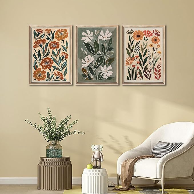 3pcs Abstract Boho Floral Canvas Wall Art Green Beige Flower Market Wall Decor Pictures Minimalist Colorful Botanica Posters Prints For Living Room Bedroom Office Home Decoration