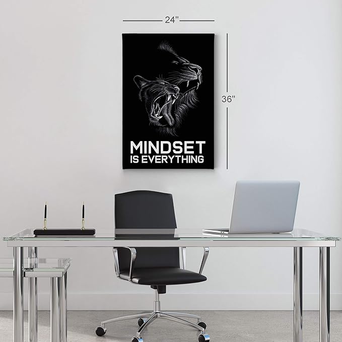 Smile Art Design Mindset is Everything Cat and Lion Sketch Drawing Art Motivational Wall Art Canvas Print Inspirational Entrepreneur Quote Canvas Print Modern Office Decor Gift Ready to Hang 17x11