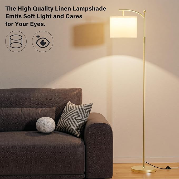 Ambimall 60" Floor Lamps for Living Room with 3 Color Temperatures, Adjustable White Shade with Gold Pole, Tall Lamps for Living Room Bedroom Office Classroom Dorm Room, 9W Bulb Included