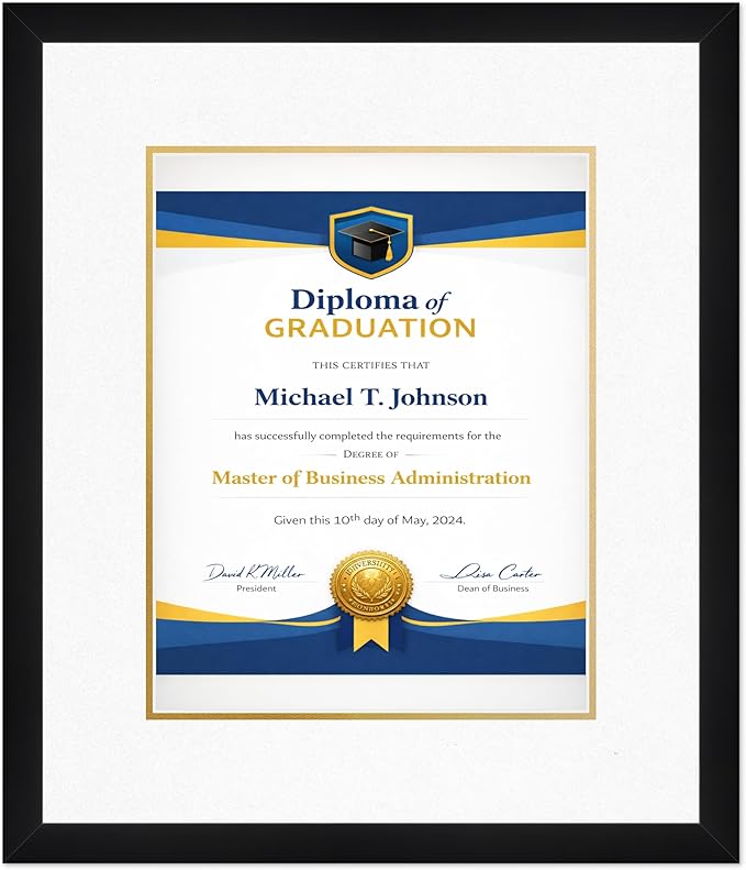 Diploma Frame Matte Black with Oyster Shell Over Gold Double Mat - Fits 11 x 14 College Diploma (Portrait) Wall Display Made in the USA