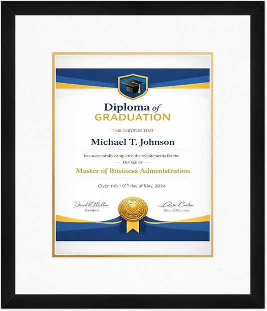 Diploma Frame Matte Black with Oyster Shell Over Gold Double Mat - Fits 11 x 14 College Diploma (Portrait) Wall Display Made in the USA