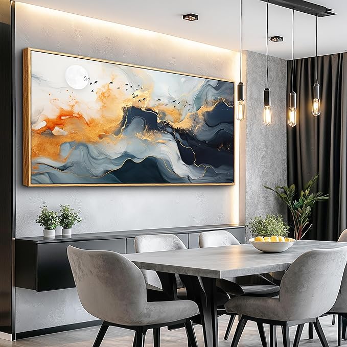 MHARTK66 Abstract Wall Art Large Canvas Picture Ready to Hang Marble Fluid Art with Gold Foil Moon & Bird Design Wood Frame Home Decor for Living Room Bedroom Office Wall Decorative Artwork