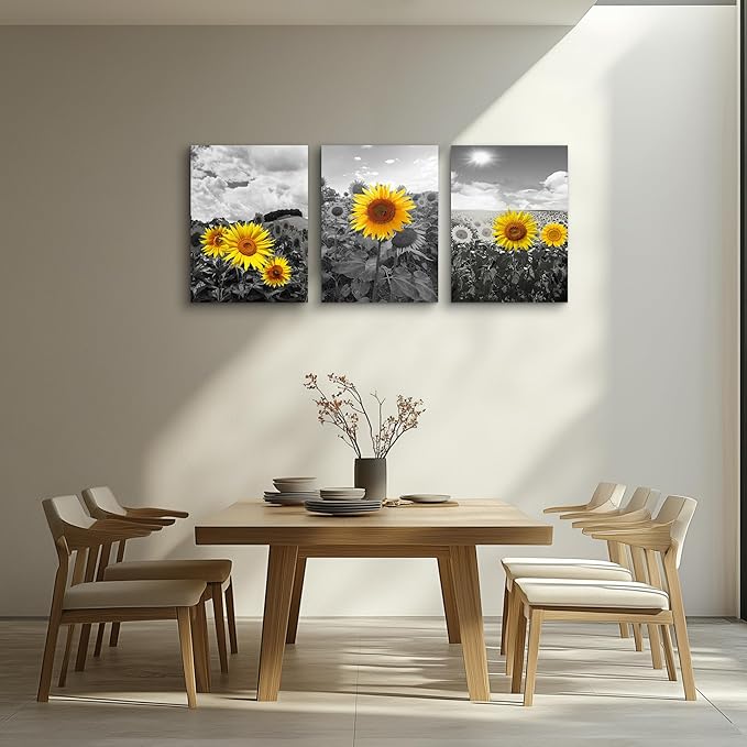 Canvas Wall Art - Family Wall Decor, Kitchen & Bedroom - Black & White Pastoral Scenery - Sunflower Flowers - 16x12, 3 Piece