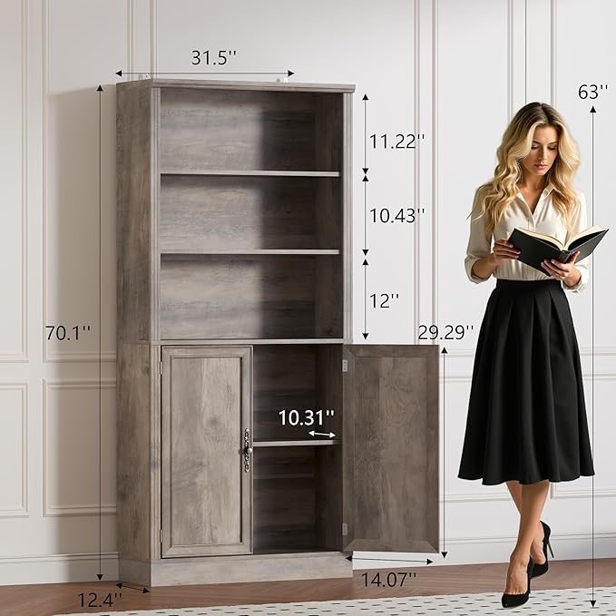 70.1" Tall Bookshelf with Cabinet, 5-Tier Floor Standing Bookcase with Doors & Adjustable Shelves, 31.5" Wide Storage Shelf, Metal Handles, Modern Organizer for Home Office, Living Room