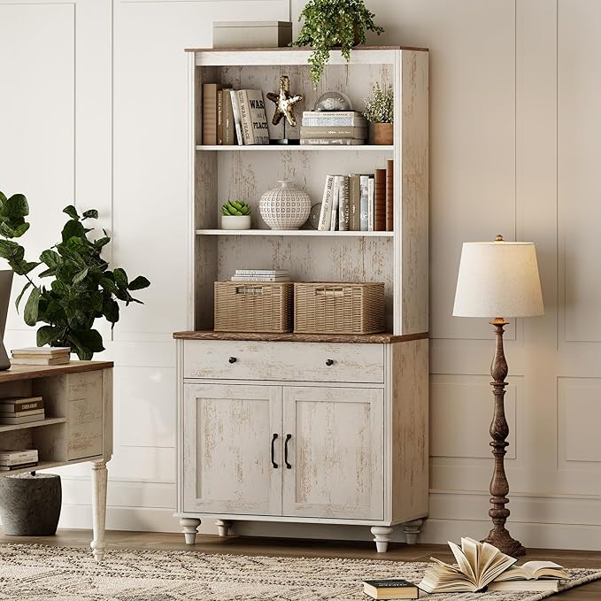 WAMPAT 5 Tier Bookshelf 72" Tall Bookcase with Doors & Drawer,Large Farmhouse Display Book Shelf with Storage Cabinet，Library Wood Bookshelves for Living Room,Kitchen, Rustic White