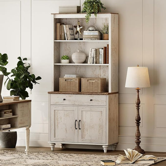 WAMPAT 5 Tier Bookshelf 72" Tall Bookcase with Doors & Drawer,Large Farmhouse Display Book Shelf with Storage Cabinet，Library Wood Bookshelves for Living Room,Kitchen, Rustic White