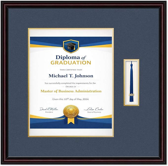 Diploma Frame with Tassel Holder 21.25 x 21 Executive Brown Shadowbox Navy Blue Over Gold Mat - Fits 11 x 14 Degree Made in the USA