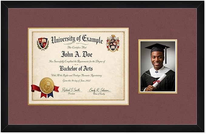 CountryArtHouse Fits 13 x 10 College Diploma (Traditional) and 5 x 7 Photo Diploma and Photo Frame Matte Black Genuine Hardwood with Dark Red Over Metallic Gold Double mat