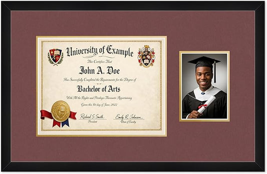 CountryArtHouse Fits 13 x 10 College Diploma (Traditional) and 5 x 7 Photo Diploma and Photo Frame Matte Black Genuine Hardwood with Dark Red Over Metallic Gold Double mat