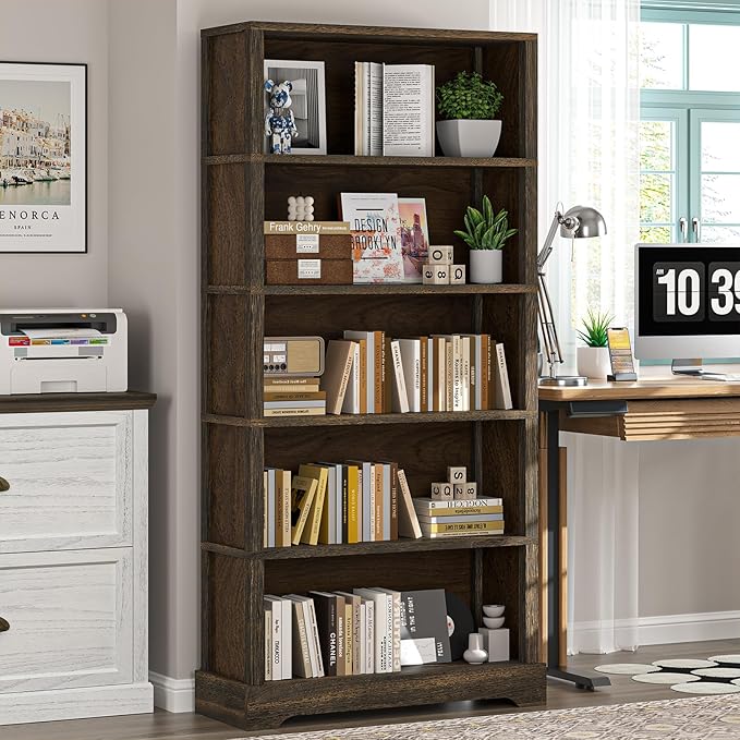 TVU 5-Tier Solid Wood Book Shelf, Floor Standing Bookcase, 65" H × 31.5" W × 11.8" D Bookshelf, Farmhouse Style Book Case with Arched Base, Suitable for Living Room, Study, Office, Walnut