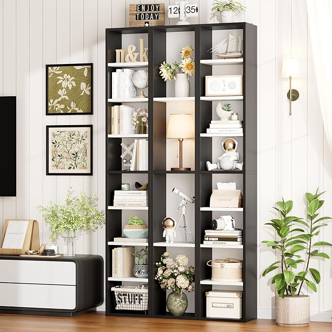 FOTOSOK 2 Pcs 71'' Tall Narrow Bookshelf, 8-Tier Media Tower Rack Set of 2, CD DVD Storage Cabinet with Adjustable Shelves, Tall Narrow Bookcase Skinny Display Bookshelf Slim Shelf, White/Black