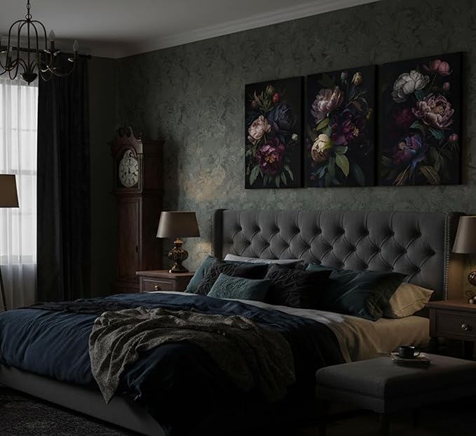 3 Pcs Moody Floral Canvas Wall Art Vintage Dark Peony Flowers Botanical Still Life Painting Picture Wall Decor Poster Print Artwork for Living Room Bedroom Women Room Home Decoration