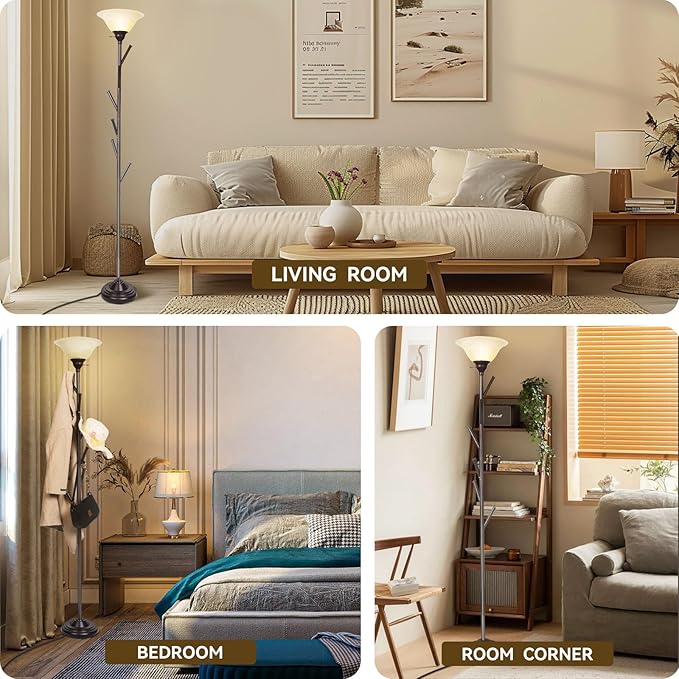 Standing Tall Lamp with Standing Coat Rack Tree, Torchiere Floor Lamps with 6 Hooks, Coat Rack Lamp Special for Bedroom, Entryway, Corner