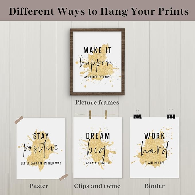QLMX Gold Office Inspirational Wall Art Prints Set of 4, Motivational Gold Prints Wall Decor for Office Women Men, Positive Quotes Poster for Home 8”x10” Unframed