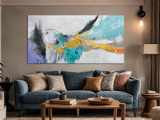 Arjun Large Abstract Wall Art Canvas for Living Room Black and White Painting for Mens Room Textured Hand Painted Modern Picture Bedroom Home Office Wall Decor, Framed 48"x24"