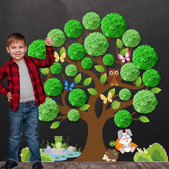 Spring Tree Bulletin Board Set Decorations for Classroom Spring 3D Green Tree Cutouts with Paper Pom Poms Paper-Cuts for Woodland Whimsy Party School Nursery Classroom Birthday Party Decor