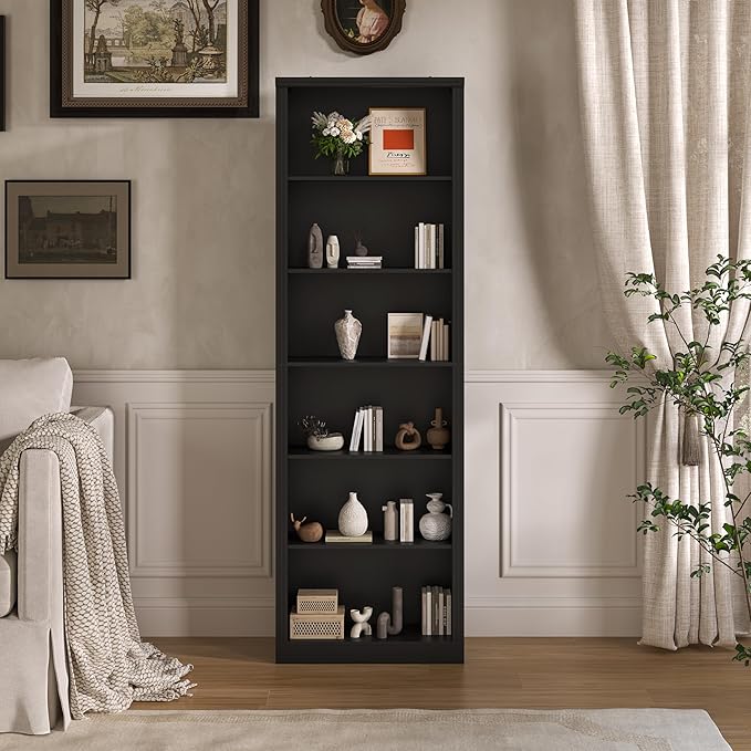 Tall Bookshelf, 6-Tier Bookcase with 2 Adjustable Shelves, Modern Farmhouse Storage for Living Room, Entryway, Office, 23.6" W x 74.8" H x 10.6" D, Black