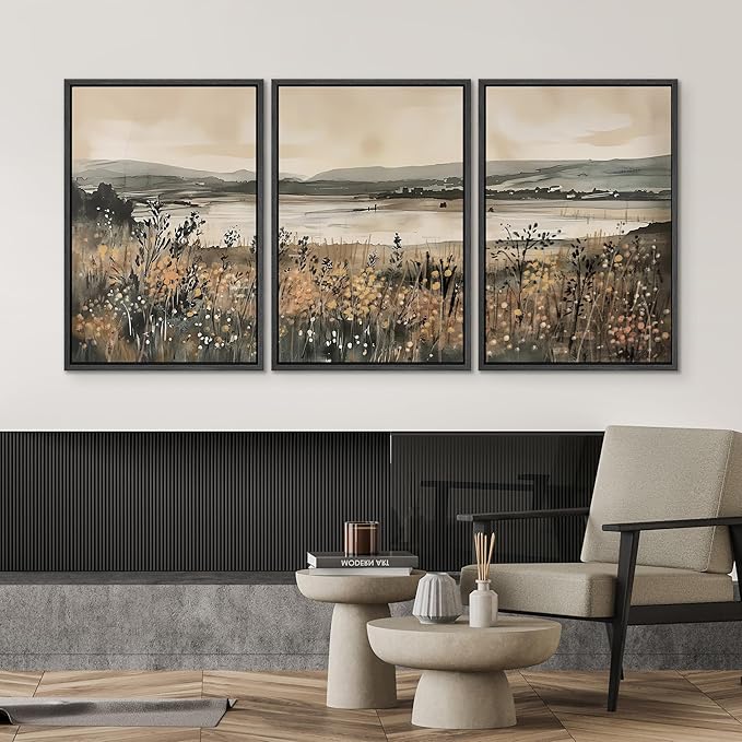SIGNWIN Framed Canvas Print Wall Art Set Lakeside Meadow Rustic Countryside Watercolor Illustrations Modern Art Decorative for Living Room, Bedroom, Office - 24"x36"x3 Black
