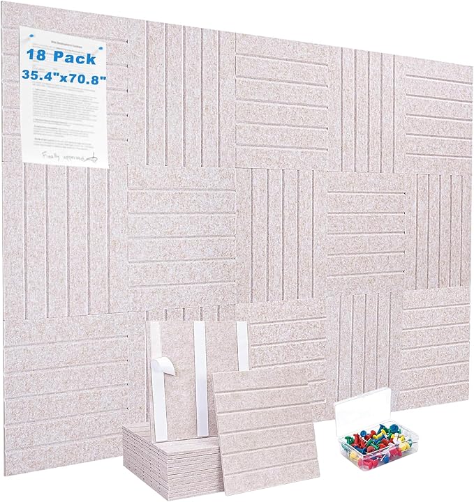 Large Felt Bulletin Board, 35.4"x70.8" Cork Board Alternative, Adhesive Cork Board with 30 Pushpins, Wall Pin Board, Bulletin Board for Office, 18 Pack, Oatmeal