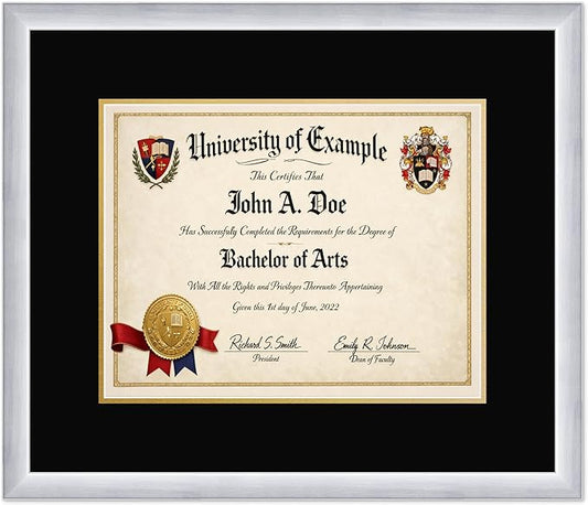 CountryArtHouse Diploma Frame Fits 14 x 11 College Diploma (Modern) - Keepsake Graduation Display Stainless Silver Genuine Hardwood with Black Over Metallic Gold Double mat