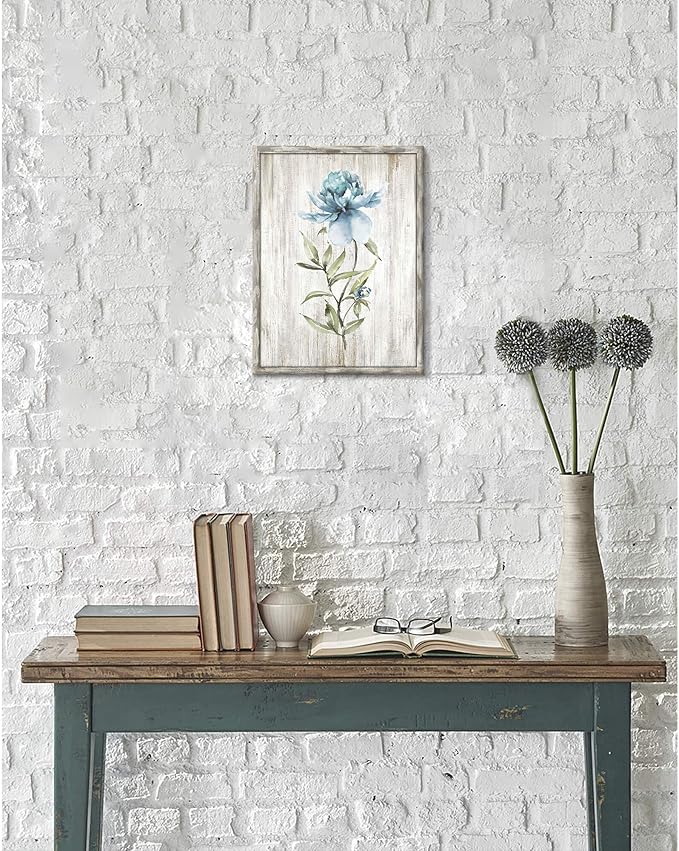 UTOP-art Wood Flower Wall Art Prints Blossom Floral Wall Decor Blue Picture on Rustic Wooden Textured Artwork Painting for Bedroom Small Panel office artwork wall decor